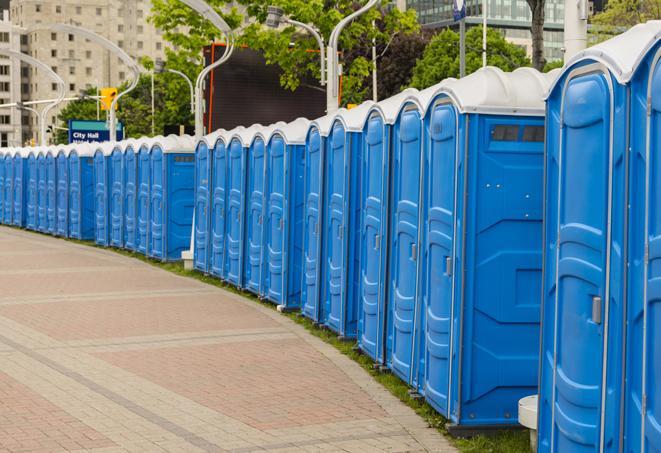 a row of portable restrooms at a fairground, offering visitors a clean and hassle-free experience in canyonville